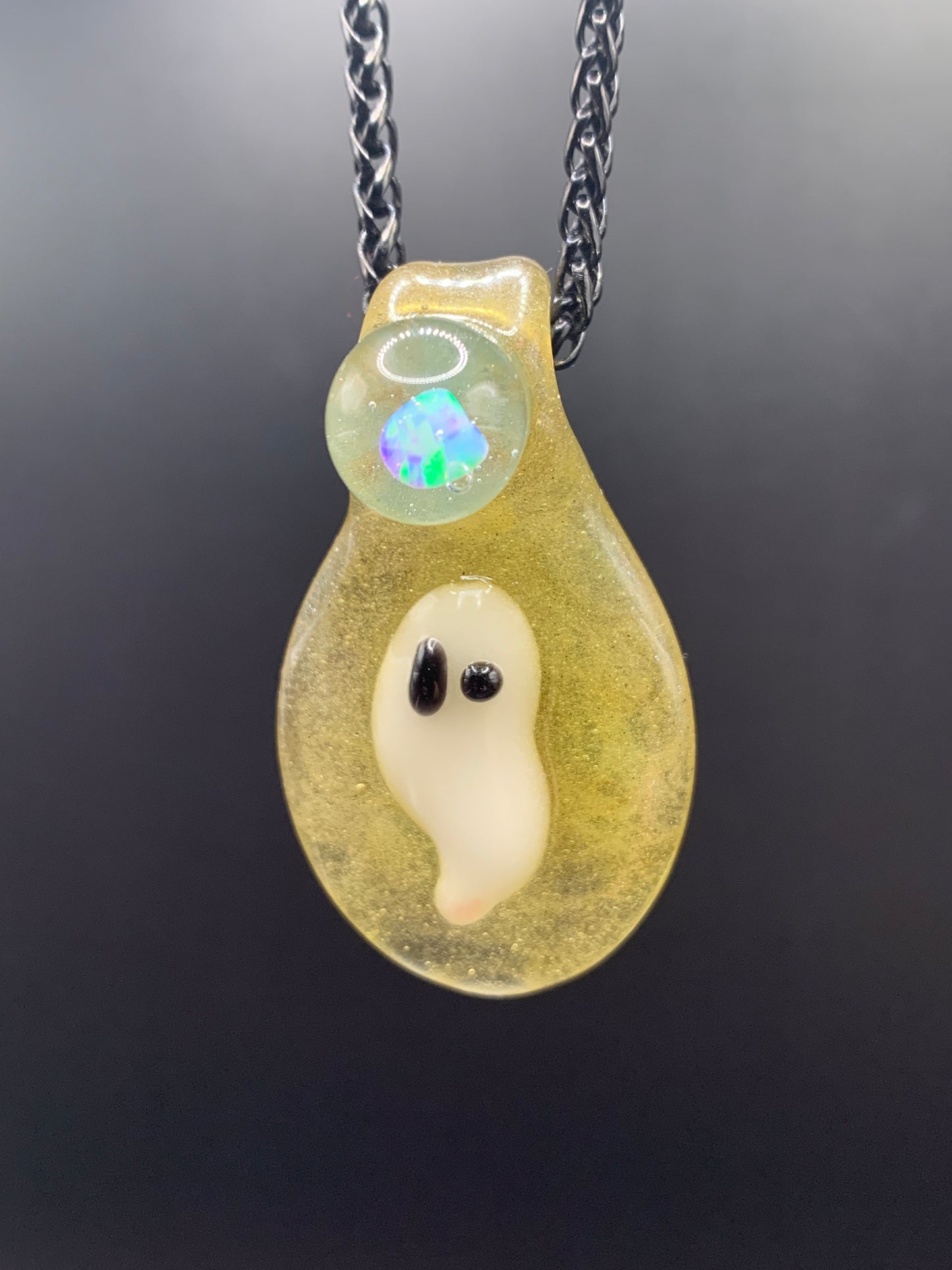 DrewskiGlass - Ghost Pendant With Opal (UV and Glow in the dark)